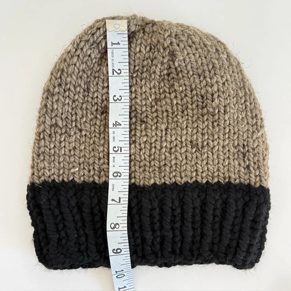Handmade Knit Beanie – Taupe & Black Cozy Winter Hat